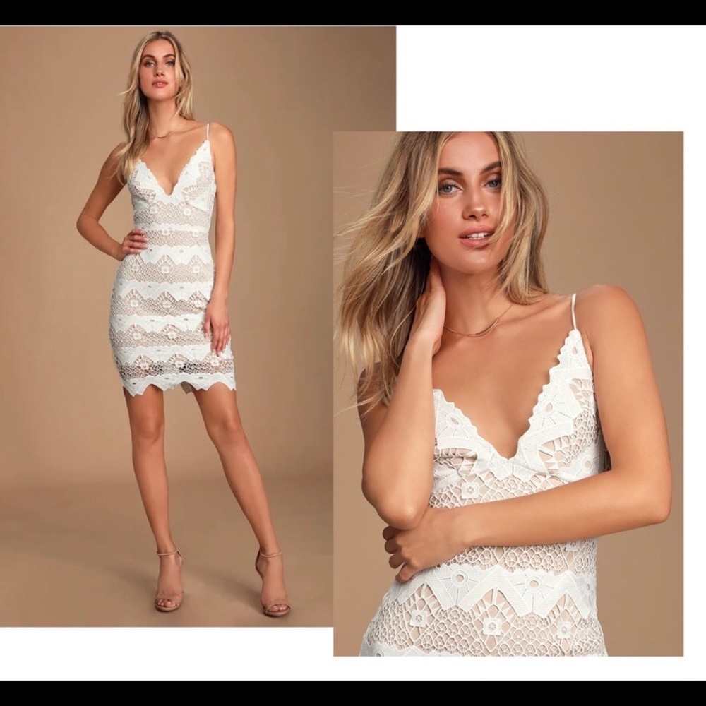 Lulu’s Dress Women's Small White Lace Body Con Plunge Neckline Nude Slip Straps